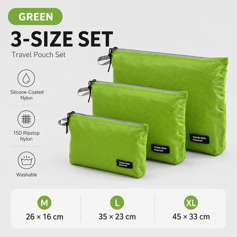3PCS Ultralight Waterproof Travel Pouch Set 15D Silicone Coated Nylon Organizer Bags for Camping Hiking Backpack Packing