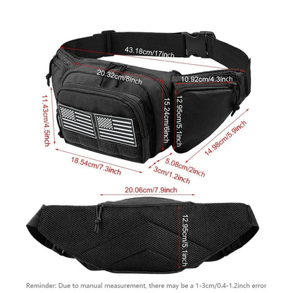 Multi pocket waist bag with adjustable waistband, breathable back, and Magic Sticky for hiking and hunting trips