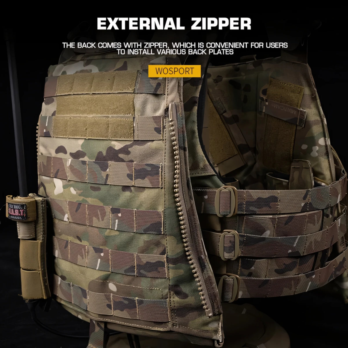 Wosport AVS MBAV Tactical Vest Quick Release Plate Carrier MOLLE Padded Vest Rear Zipper for Airsoft Team Activities Airsoft