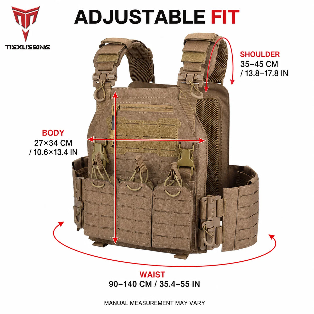 TIEXUEBING Laser Cut Tactical Carrier Vest Quick Release Adjustable Outdoor Hunting Airsoft CS Combat Vest with Triple Pouch