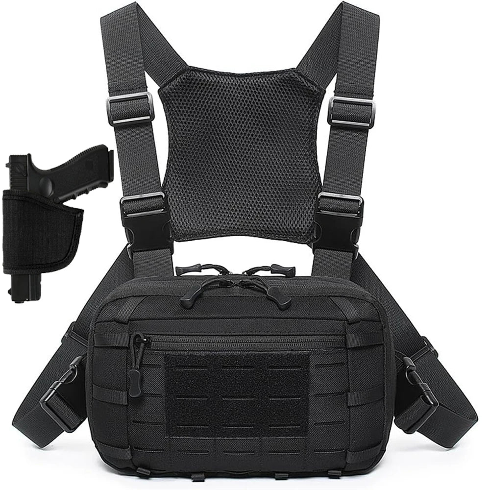 Tactical Chest Rig Bag with Gun Holster Hunting Chest Pack Quick Release Molle Admin Pouch Utility EDC Chest Pouch Pistol Bag