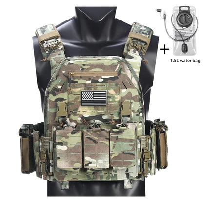 Outdoor camouflage vest with modular pockets and 1.5-liter water bag, suitable for hiking and exploration
