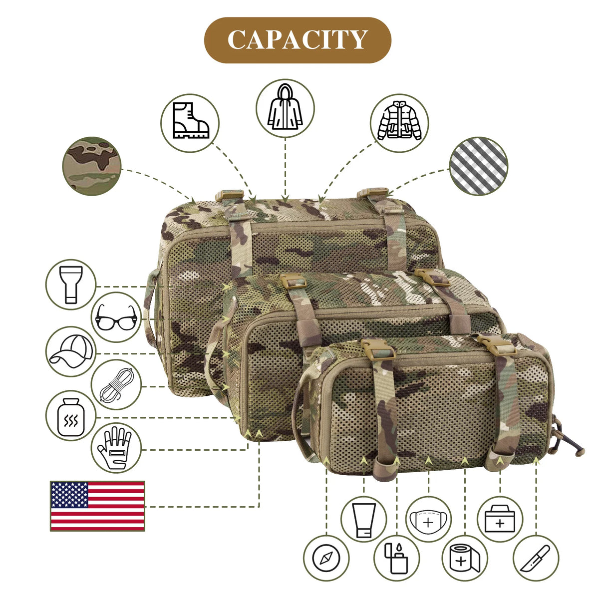 KRYDEX Tactical 3PCS Modular Mesh Pouch Set Outdoor Backpack Organizer Travel Suitcase Storage Bag Packing Cubes Hunting Gear