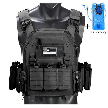 Outdoor camouflage vest with modular pockets and 1.5-liter water bag, suitable for hiking and exploration