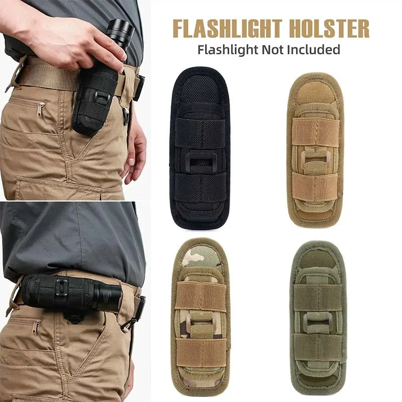 Tactical Flashlight Pouch Holster with Rotatable Holder And Belt Clip - 360 Degree Carabiner Reel Clip for Tactical Torch Carry