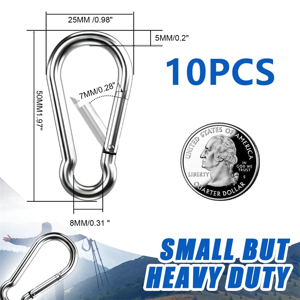 10PCS Carabiner Clip 200LBS Galvanized Iron Heavy Duty Spring Snap Hooks Metal Clips for Rope Chain Keys Rings Fits Camping