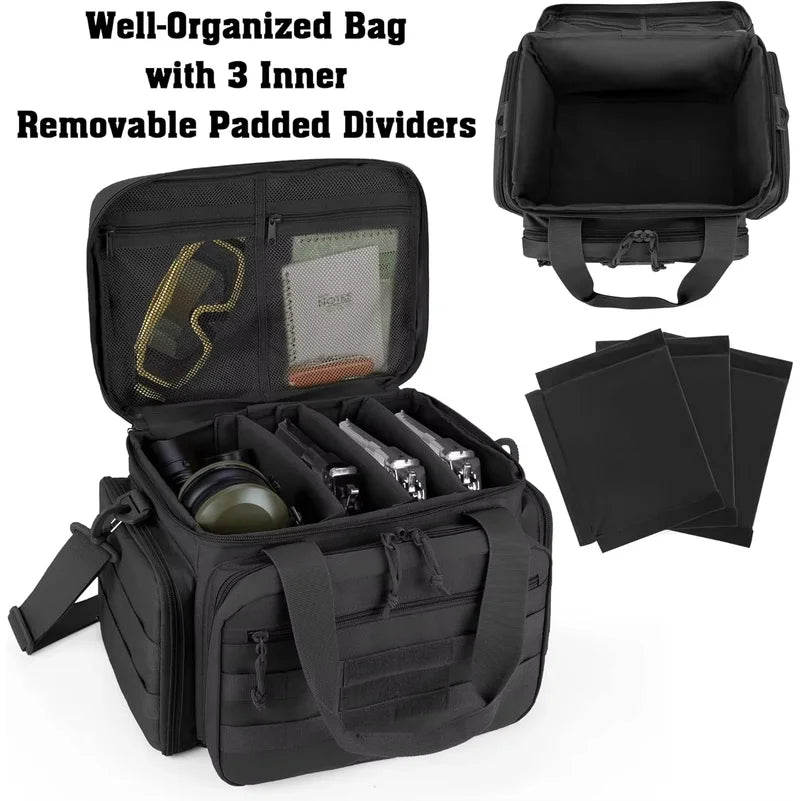 Tactical Gun Range Bag EDC Shoulder Bag Pistol Shooting Range Bag Hunting Carrying Case for 4 Handguns with 6 Magazine Slots