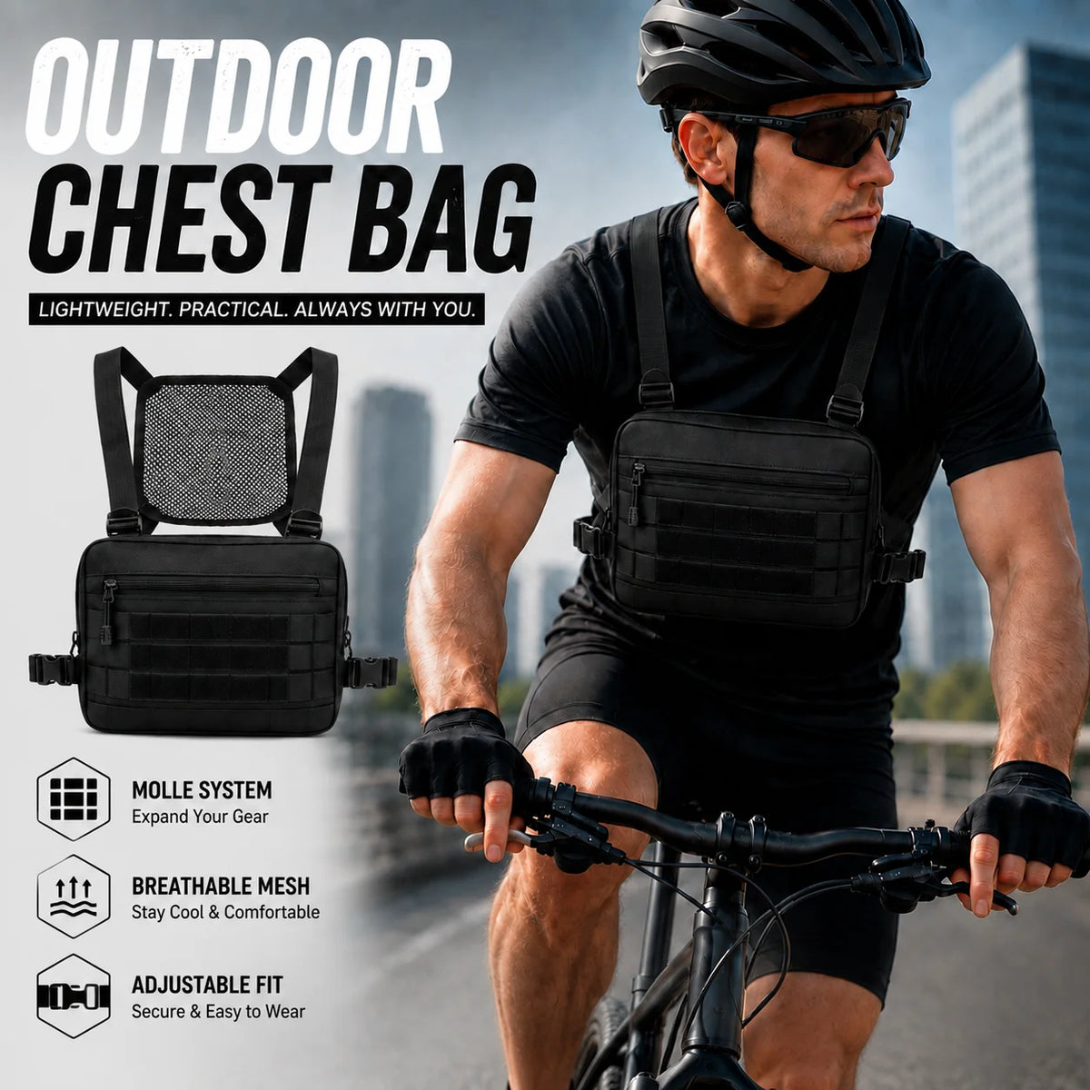 Outdoor Sports Chest Bag Motorcycle Bicycle Cycling Bag , Lightweight Molle Tactical Chest Bag for Running Hiking Fishing Travel
