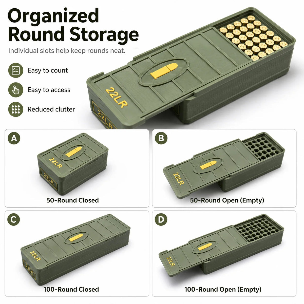 22 LR ammo drawer box, holds 50/100 rounds; made of durable plastic, portable and spill-proof.