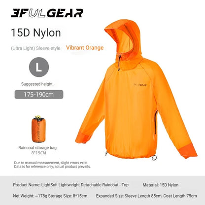 3F UL GEAR Lightweight Split Raincoat with Hooded Outdoor Rain Pants Hiking Sleeve Style Poncho Waterproof Women/Men 15D Nylon