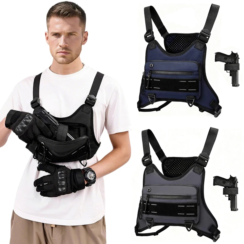 Sports Chest Bag with Pistol Gun Holster Lightweight Front Chest Pack Gun Storage Bag Running Vest Bag Outdoor EDC Tool Bag