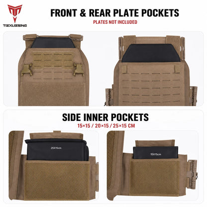 TIEXUEBING Laser Cut Tactical Carrier Vest Quick Release Adjustable Outdoor Hunting Airsoft CS Combat Vest with Triple Pouch