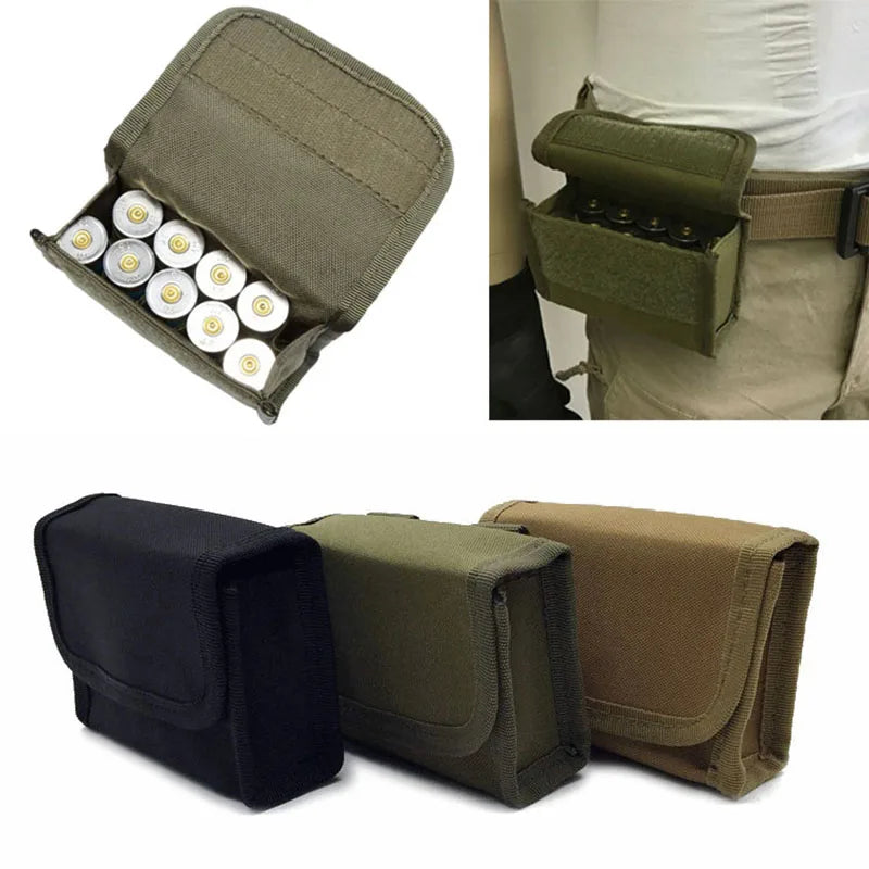 10-Round Tactical Waist Pouch - MOLLE Nylon 12GA .Cal Ammo Shot Bag with 10 Grids, EDC Mini Utility Pouch for Outdoor Shooting