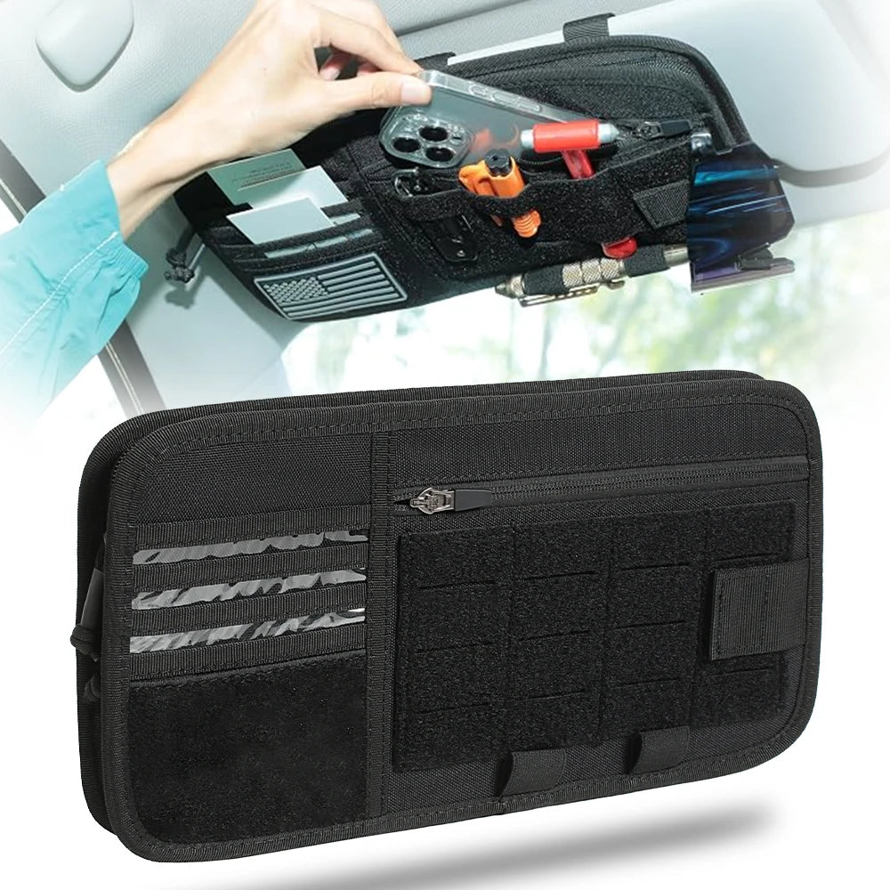Tactical Car Visor Organizer with Molle Panel Sunglasses Holder Zipper Pockets Car Sunshade Storage Clip for Truck Car Accessory