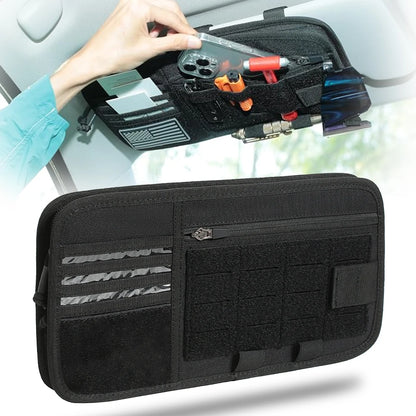 Tactical Car Visor Organizer with Molle Panel Sunglasses Holder Zipper Pockets Car Sunshade Storage Clip for Truck Car Accessory