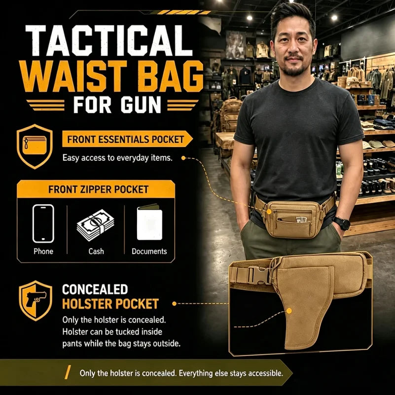 Tactical Waist Fanny Pack Concealed Carry Pistol Gun Bag Anti-Theft Hidden Gun Hip Bag Crossbody EDC Tool Bag for Hunting Hiking