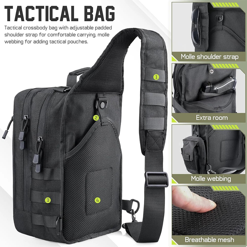 Tactical Sling Backpack Concealed Carry Gun Holster Pistol Bag Molle EDC Crossbody Bag for Outdoor Camping Travel Hiking