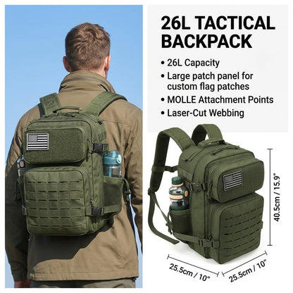 26L Tactical Hunting Backpack for Men with Dual Cup Holders, MOLLE Outdoor Hiking Rucksack for Deer Bow Archery Elk Duck Waterfowl Hunting, Camping Travel Gear Storage Bag