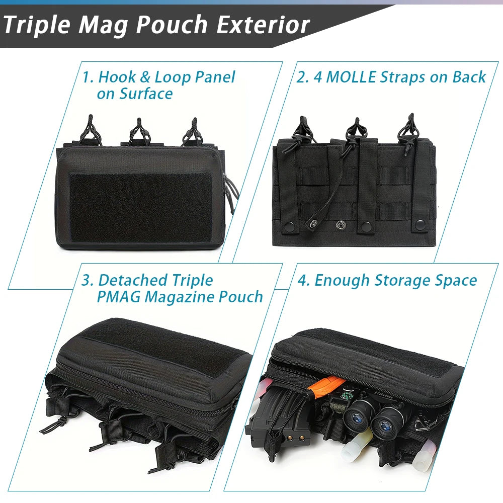 Tactical Triple Magazine Pouch Double Layer Molle Admin Pouch Quick Access Open Up Design for M4 M16 PMAG AK Hunting Accessories