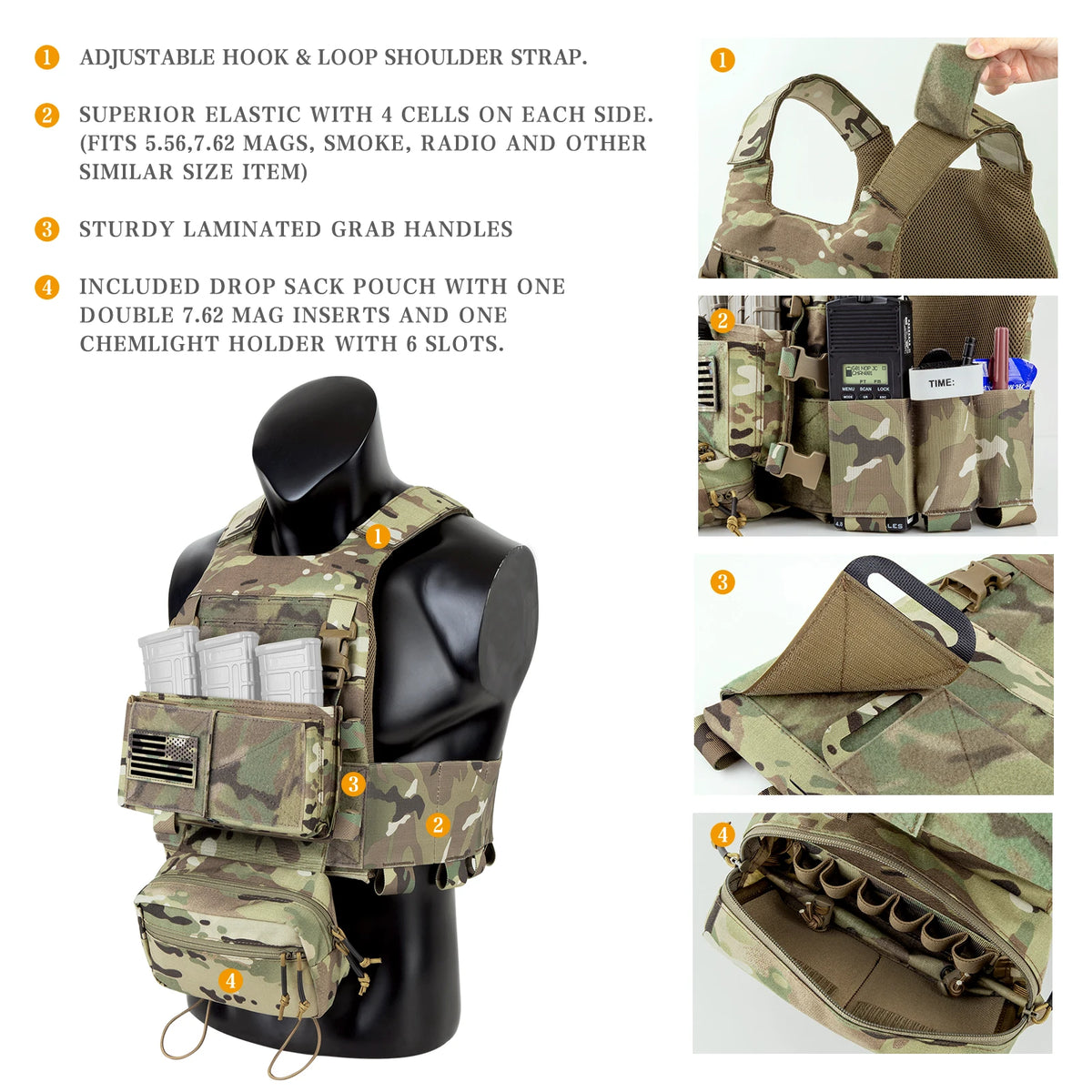KRYDEX Tactical Vest Low Vis Slick Armor Plate Carrier w/ 5.56 7.62 Mag Pouch Drop Pouch MK3 Micro Fight Chassis Hunting Vest