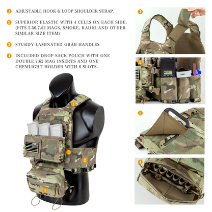 KRYDEX Tactical Vest Low Vis Slick Armor Plate Carrier w/ 5.56 7.62 Mag Pouch Drop Pouch MK3 Micro Fight Chassis Hunting Vest