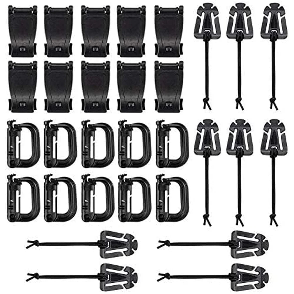 30pcs Attachments for Molle Bag Backpack Vest Belt D-Ring Locking Gear Clip Web Dominator Elastic Strings