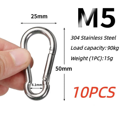 10PCS 304 Stainless Steel Carabiners,Rustproof Heavy Duty Spring Snap Hook,Metal Clips Buckle For Rope Chain Keys Rings