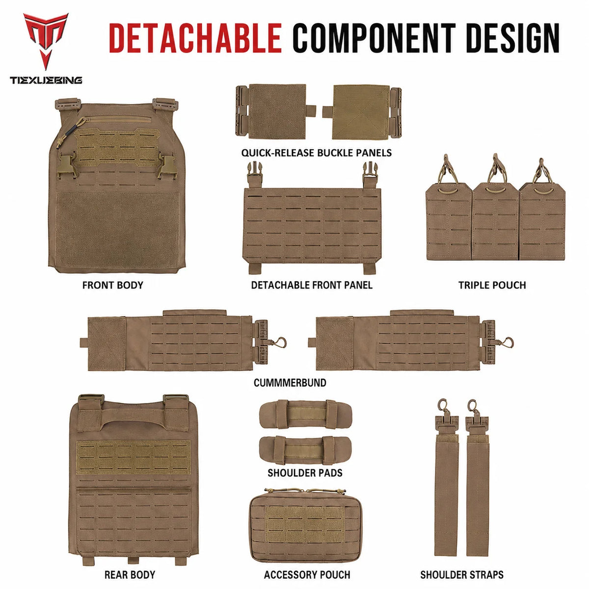 TIEXUEBING Laser Cut Tactical Carrier Vest Quick Release Adjustable Outdoor Hunting Airsoft CS Combat Vest with Triple Pouch