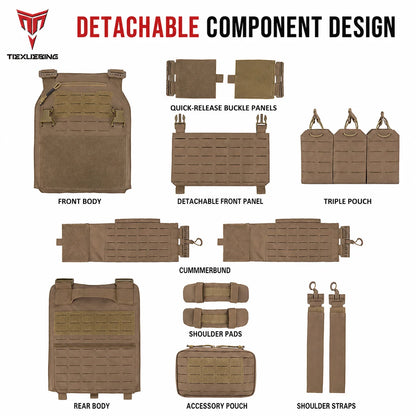 TIEXUEBING Laser Cut Tactical Carrier Vest Quick Release Adjustable Outdoor Hunting Airsoft CS Combat Vest with Triple Pouch