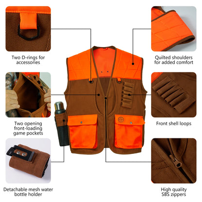 Bassdash Unisex Upland Game Field Water-Resistant Bird Hunting Vest with Multi Pockets Brown/Orange Men Women FV11