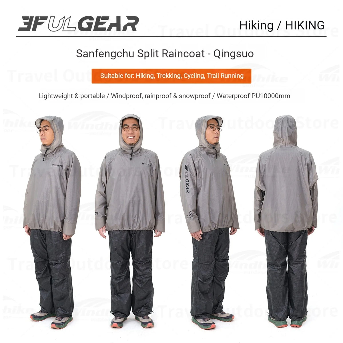 3F UL GEAR Lightweight Split Raincoat with Hooded Outdoor Rain Pants Hiking Sleeve Style Poncho Waterproof Women/Men 15D Nylon