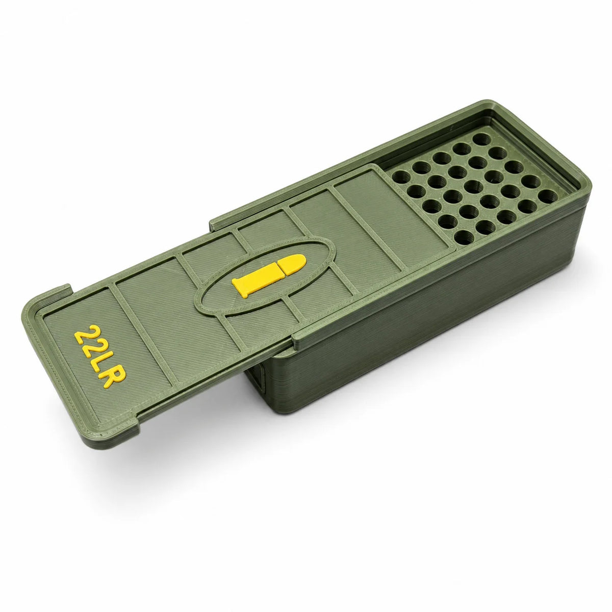 22 LR ammo drawer box, holds 50/100 rounds; made of durable plastic, portable and spill-proof.