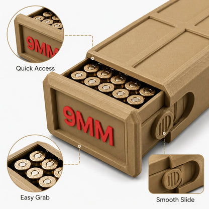 9mm Pull-Out Ammunition Storage Box Tactical Style Desktop Bullet Organizer Shooting Range Portable Gear Storage Box