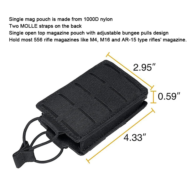 Tactical 556mm Mag Pouch Single Magazine Bag Open-Top MOLLE Bag for M4 M14 M16 AR-15 5.56MM Rifle Magazines
