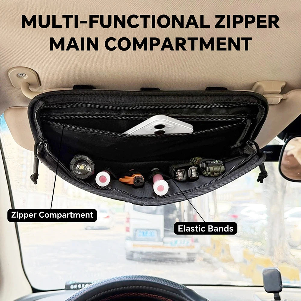 Tactical Car Visor Organizer with Molle Panel Sunglasses Holder Zipper Pockets Car Sunshade Storage Clip for Truck Car Accessory