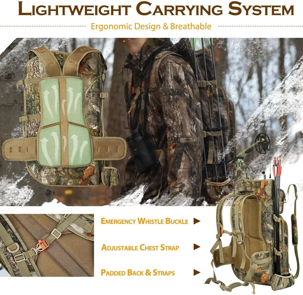 Bow Hunting Backpack for Men, Camo Compound Bag & Tree Saddle Back Pack with Bow Holder, for Elk Turkey Bear Deer