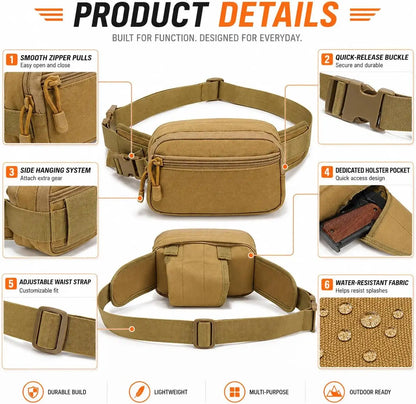 Concealed Carry Fanny Pack with Pistol Pouch Tactical Waist Bag for Men Anti-Theft Hidden Gun Pocket 1000D Nylon EDC Waist Pack