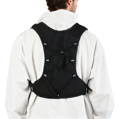 Black jacket vest with multiple pockets, quick release buckle for adjustable waist, outdoor sports reflective tape