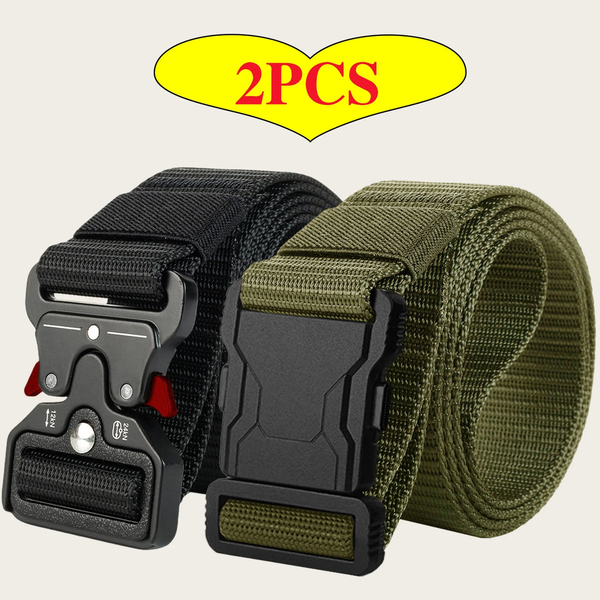 2‑Pack Tactical Nylon Belts, Quick Release Buckle Men's Outdoor Waist Belt, Versatile Casual Work Canvas Trouser Belt