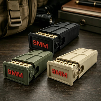 3D Printed  9MM  Ammunition Organizer Box 50 Round High Capacity Drawer Design Tactical Style Desktop Bullet Organizer