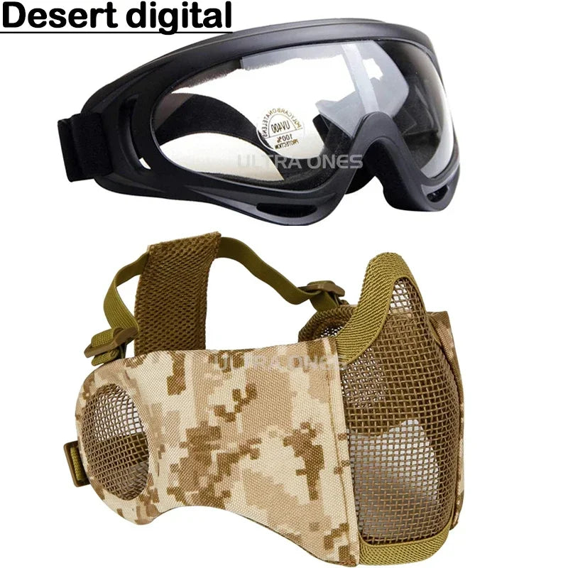 Tactical Airsoft Mask + Goggles Set Half Face Mesh Mask with Ear Cover Paintball Shooting CS Survival Games Cosplay