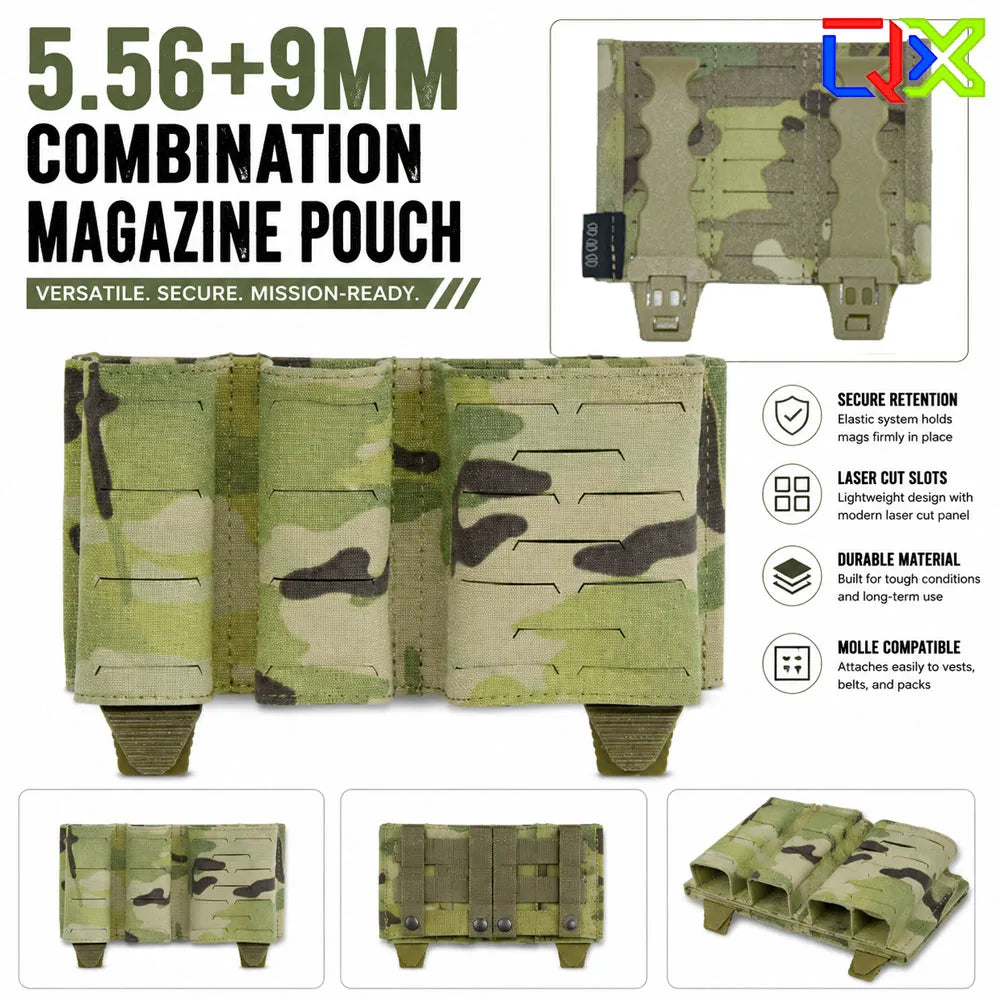 QX Tactical 2+1 Magazine Pouch 5.56 9mm Combo Mag Carrier Laser Cut MOLLE Pouch Elastic Kydex Style Holder Airsoft Gear