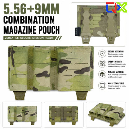 QX Tactical 2+1 Magazine Pouch 5.56 9mm Combo Mag Carrier Laser Cut MOLLE Pouch Elastic Kydex Style Holder Airsoft Gear