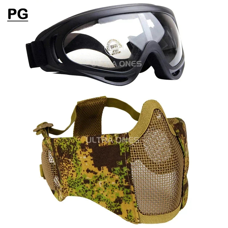 Tactical Airsoft Mask + Goggles Set Half Face Mesh Mask with Ear Cover Paintball Shooting CS Survival Games Cosplay