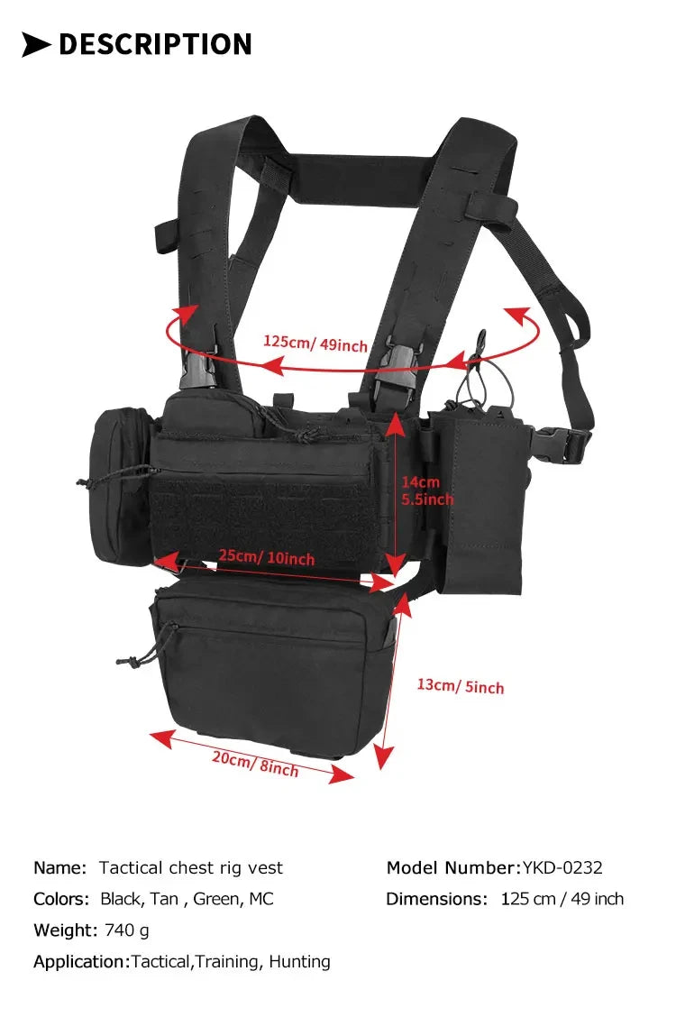YAKEDA Tactical Vest Chest Rig: Durable 1000D Polyester with 5.56/7.62 Mag, Pistol Holder, Wing Pouch, and Molle Dangler Pouch