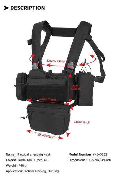 YAKEDA Tactical Vest Chest Rig: Durable 1000D Polyester with 5.56/7.62 Mag, Pistol Holder, Wing Pouch, and Molle Dangler Pouch
