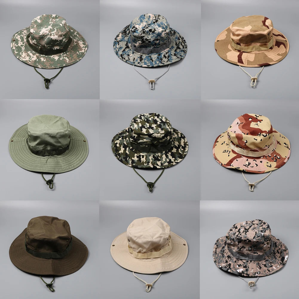 Camouflage Tactical Boonie Hats Camping Climbing Bucket Sniper Hat Men Outdoor Fishing Hiking Cap Sun Protective Boonie Caps