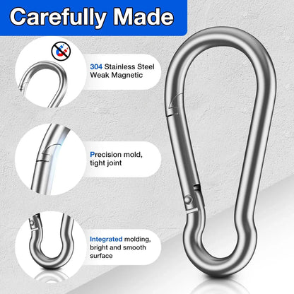 10PCS 304 Stainless Steel Carabiners,Rustproof Heavy Duty Spring Snap Hook,Metal Clips Buckle For Rope Chain Keys Rings