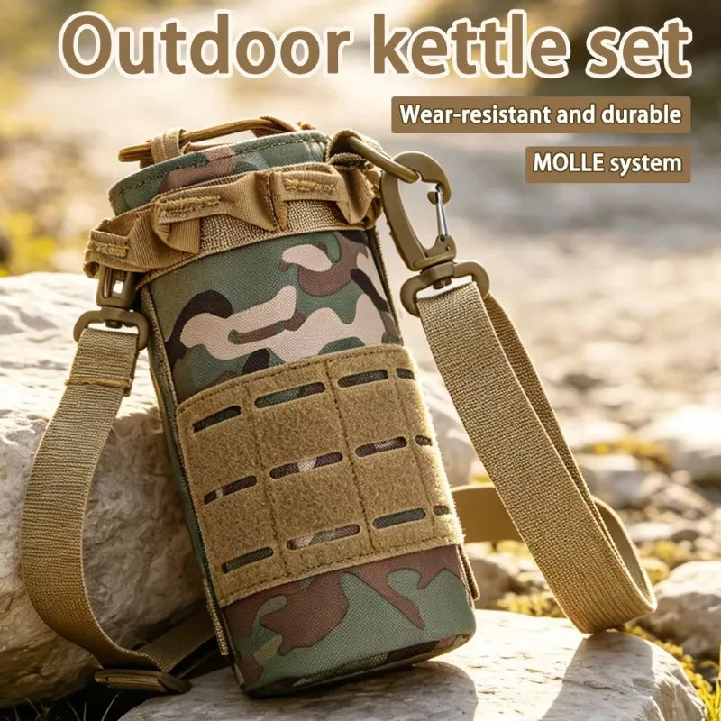 Tactical Molle Water Bottle Pouch Bag with Rawstring Open Top Shoulder Strap Camping Hiking Water Bottle Pouch Hydration Carrier