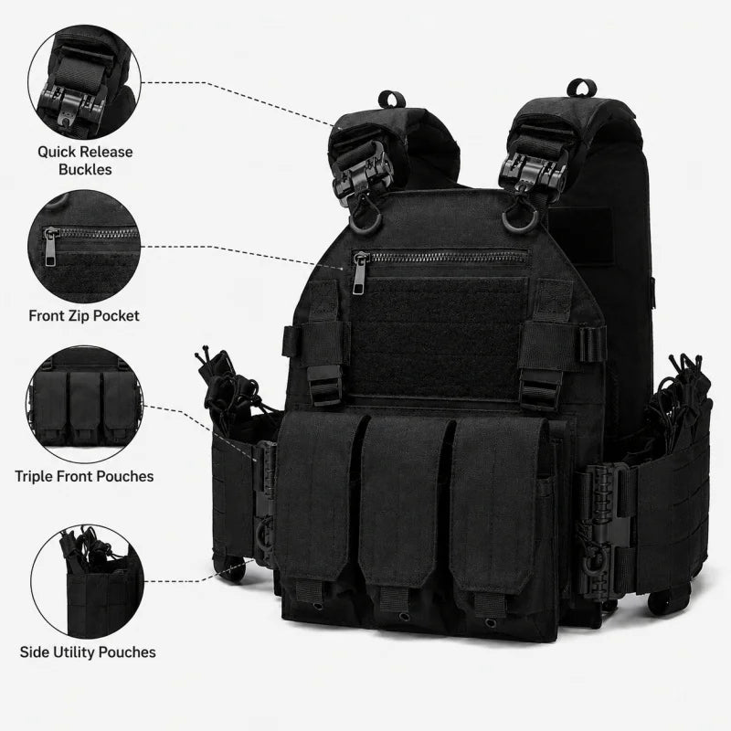 Tactical Vest Polyester Carrier with Triple Mag Pouch, Quick Release Airsoft Hunting Vest for Outdoor Training